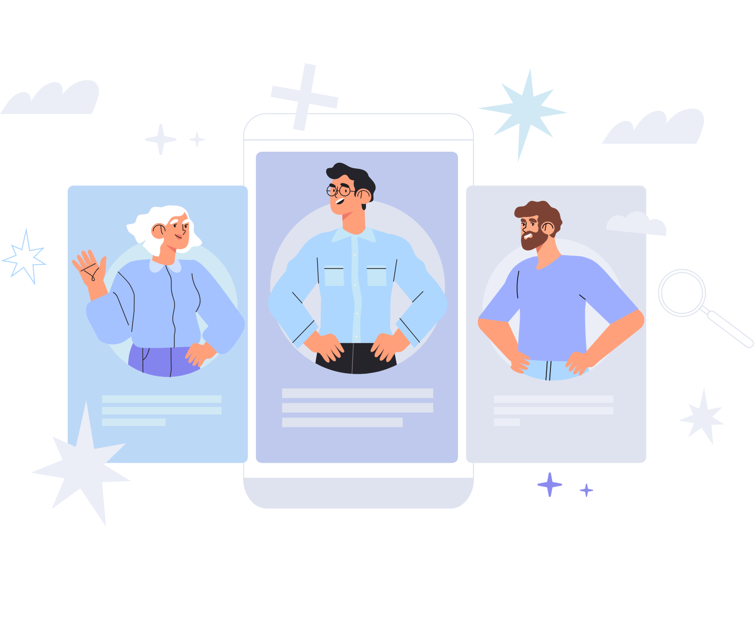 Customer Support with three people/ customers standing 