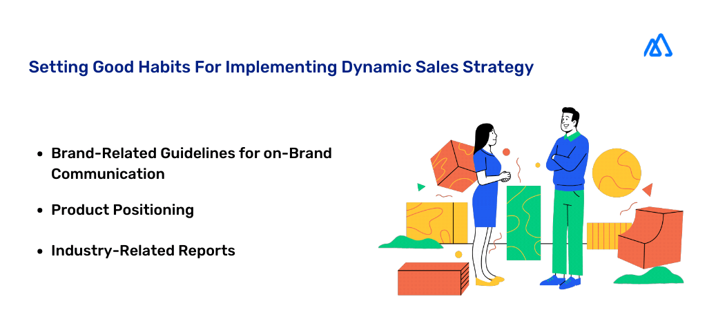 Good Habits to Have in Place for Successfully implementing a Dynamic Sales Strategy Infographic with a man and a woman explaining Good Habits for implementing a dynamic sales strategy.